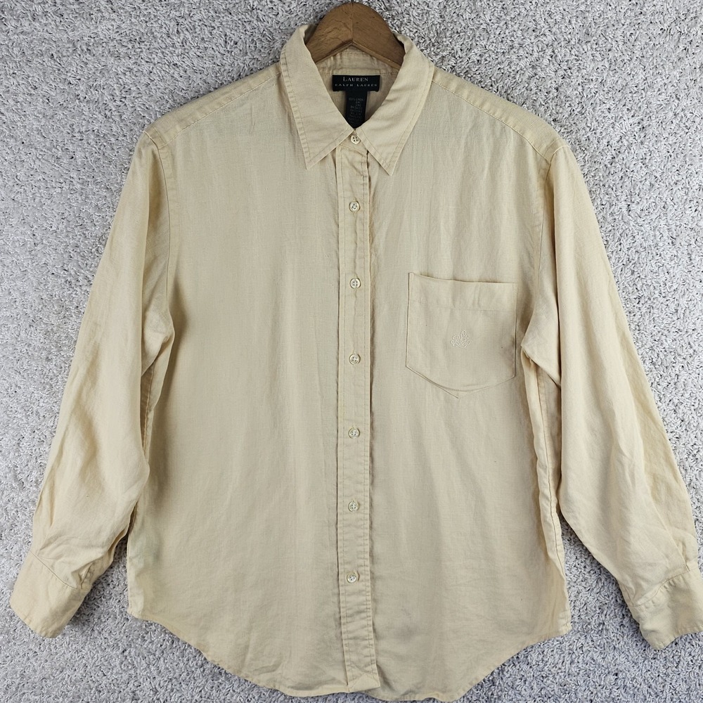 Lauren Ralph Lauren 100% Linen Yellow Button-Up Shirt Womens XL Embroidered Logo
